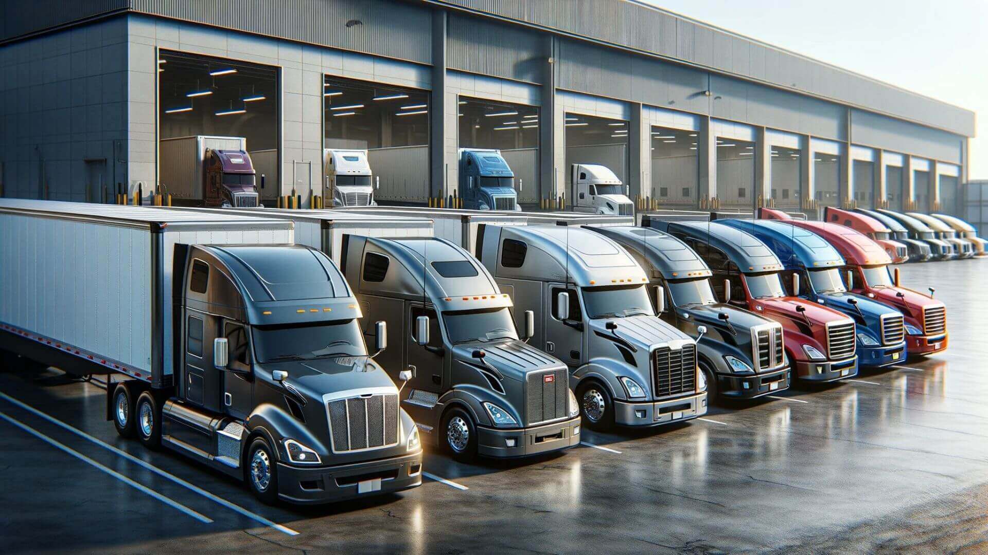 A fleet of heavy duty trucks parked at a shipping terminal in Ontario, illustrating coverage for a trucking business.